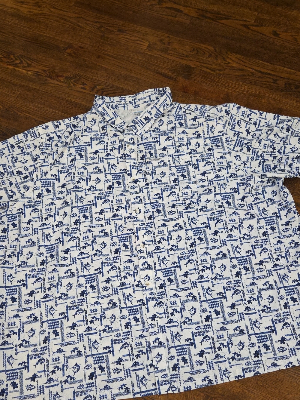 Men's White Button-Down Shirt with Blue Pattern